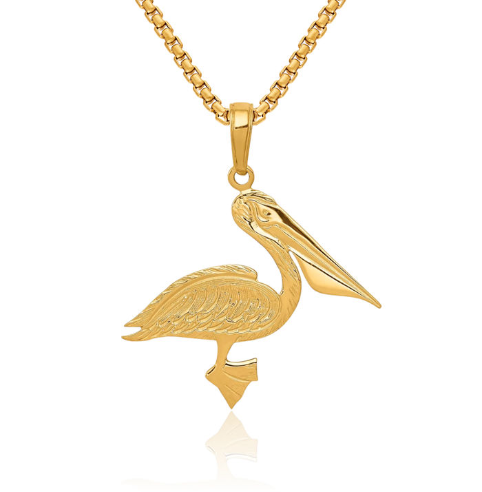 10K Solid Yellow Gold Pelican Symbol of Focus Persistence Bird Necklace Chain Pendant Charm