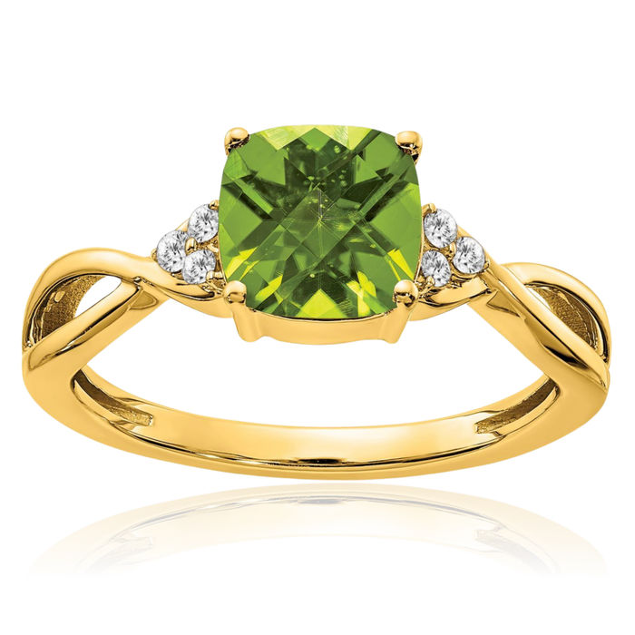 10K Solid Yellow Gold Green Peridot Diamond Ring Gemstone Band August Birthstone Jewelry