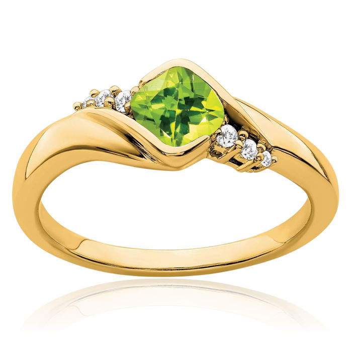 10K Solid Yellow Gold Green Peridot Diamond Ring Gemstone Band