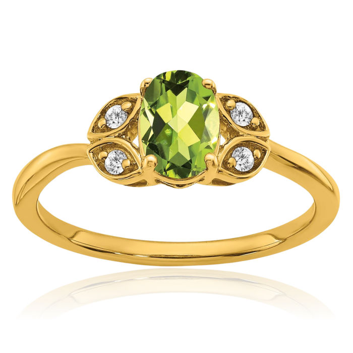 10K Solid Yellow Gold Green Peridot Diamond Ring Gemstone Band