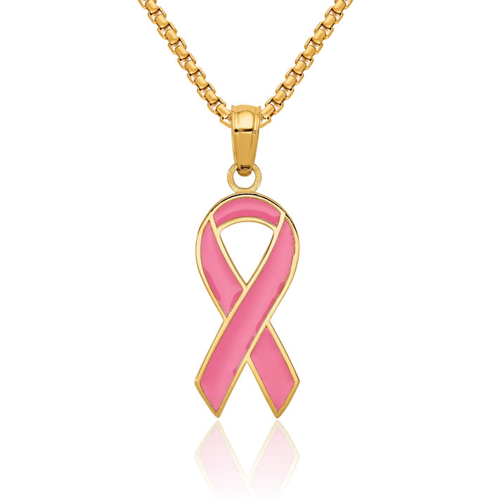10K Solid Yellow Gold Pink Breast Cancer Awareness Ribbon Necklace Chain Pendant Charm