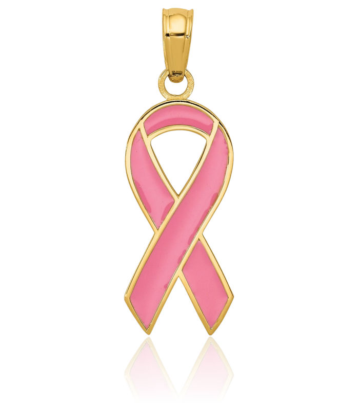 10K Solid Yellow Gold Pink Breast Cancer Awareness Ribbon Necklace Chain Pendant Charm