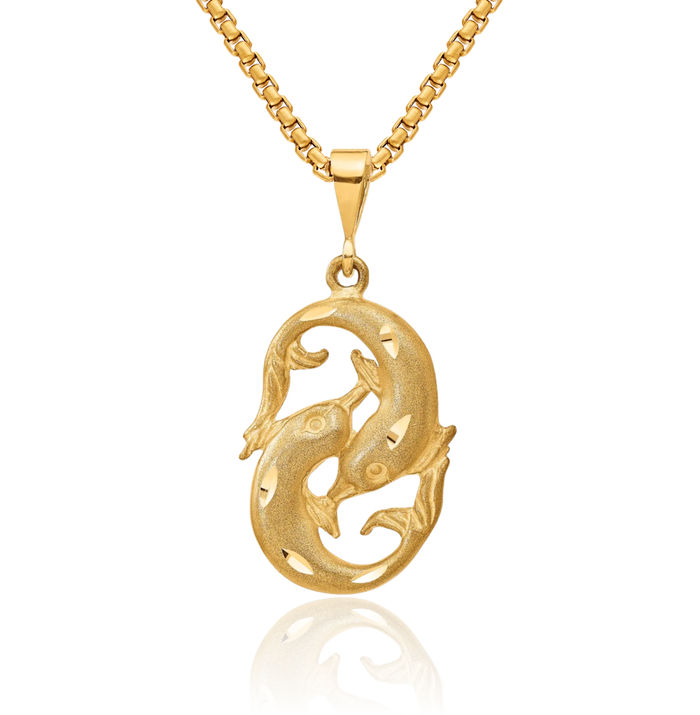 10K Solid Yellow Gold Pisces Zodiac Necklace Fish Horoscope Pendant February March Birthday Charm Astrology Jewelry