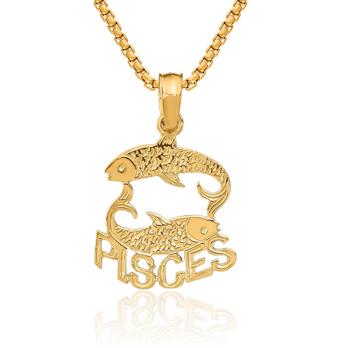 10K Solid Yellow Gold Pisces Zodiac Necklace Fish Horoscope Pendant February March Birthday Charm Astrology Jewelry