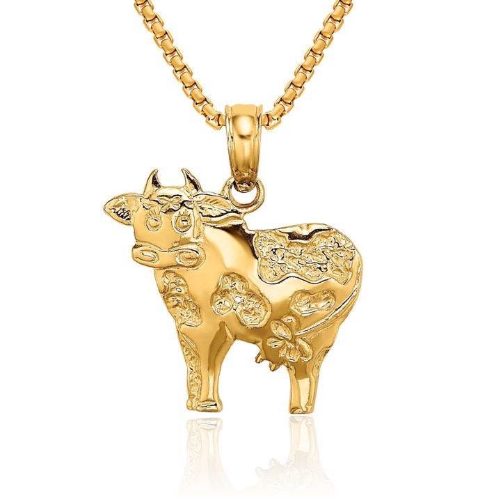 10K Solid Yellow Gold Playful Cow Necklace Chain Pendant Charm