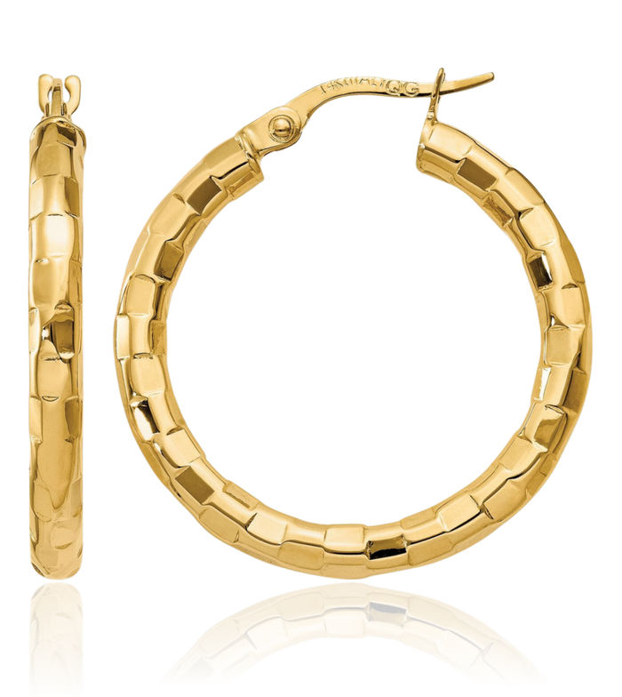 10K Solid Yellow Gold Post Round Medium Hoop Earrings