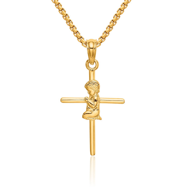 10K Solid Yellow Gold Praying Boy Holy Cross Necklace Religious Chain Pendant Jesus Christ Charm