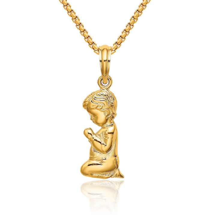 10K Solid Yellow Gold Praying Boy Necklace Chain Pendant Charm