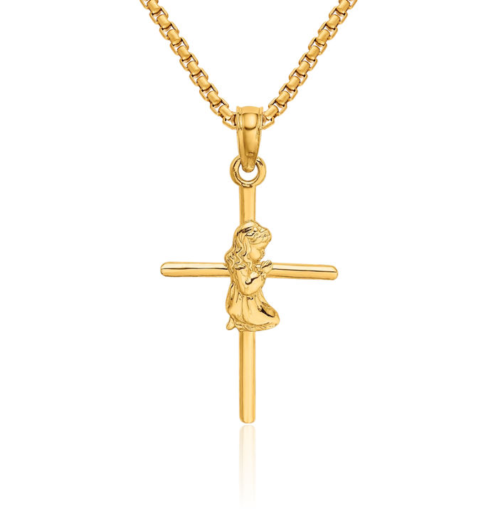 10K Solid Yellow Gold Praying Girl Holy Cross Necklace Religious Chain Pendant Jesus Christ Charm