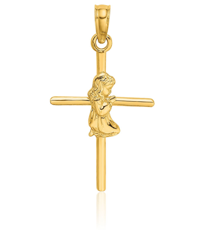 10K Solid Yellow Gold Praying Girl Holy Cross Necklace Religious Chain Pendant Jesus Christ Charm