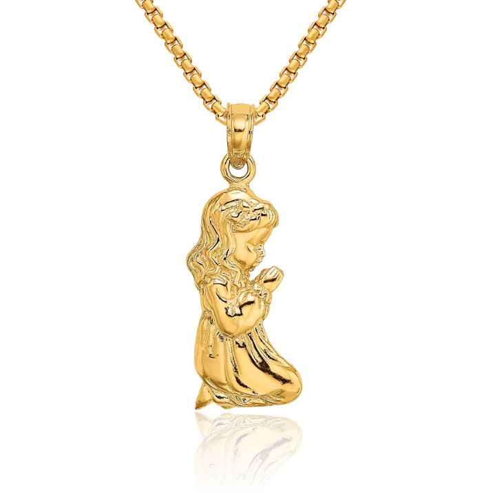 10K Solid Yellow Gold Praying Girl Necklace Chain Pendant Charm