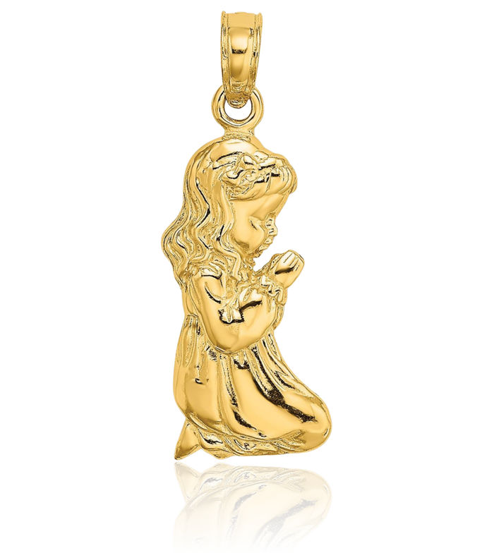 10K Solid Yellow Gold Praying Girl Necklace Chain Pendant Charm