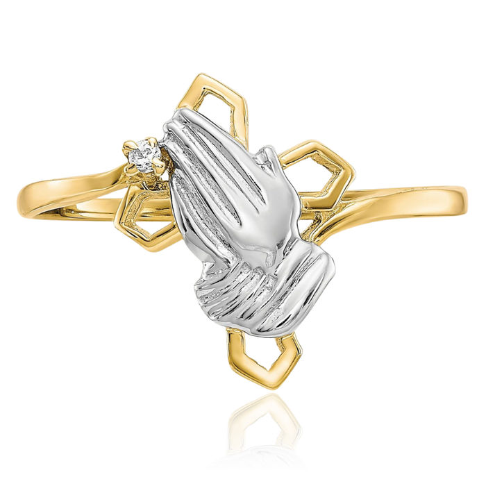 10K Solid Yellow Gold Jesus Christ Praying Hands Lord Serenity Prayer Cubic Zirconia CZ Holy Cross Ring Christian Religious Band