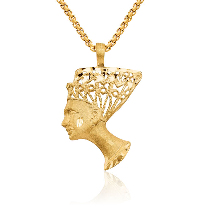 10K Solid Yellow Gold Queen Nefertiti Necklace Egyptian Goddess Pendant African Charm