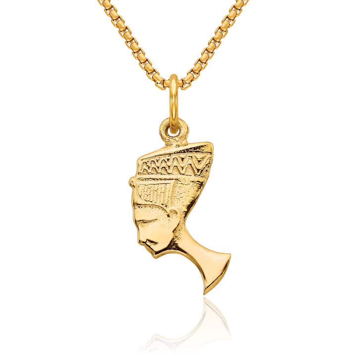 10K Solid Yellow Gold Queen Nefertiti Necklace Egyptian Goddess Pendant African Charm