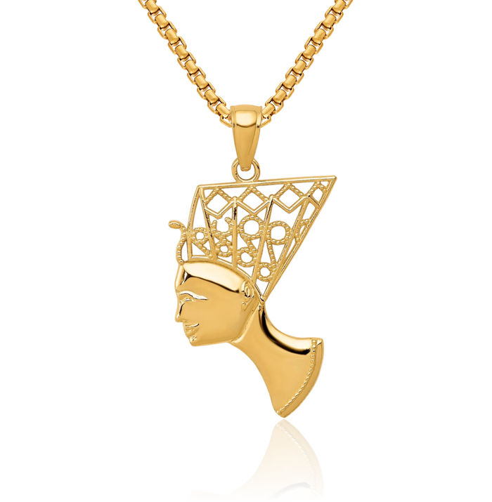 10K Solid Yellow Gold Queen Nefertiti Necklace Egyptian Goddess Pendant African Charm