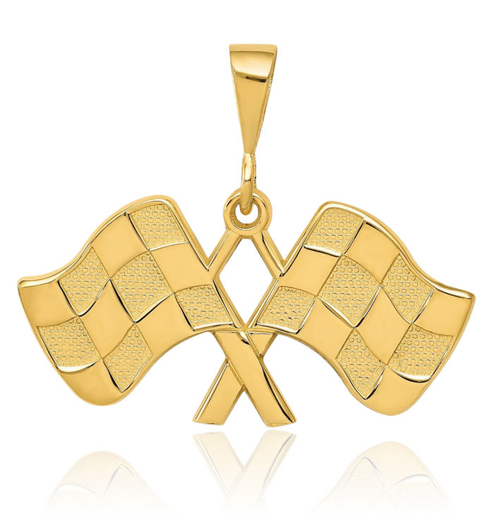 10K Solid Yellow Gold Racing Flags Necklace Charm Sports Pendant