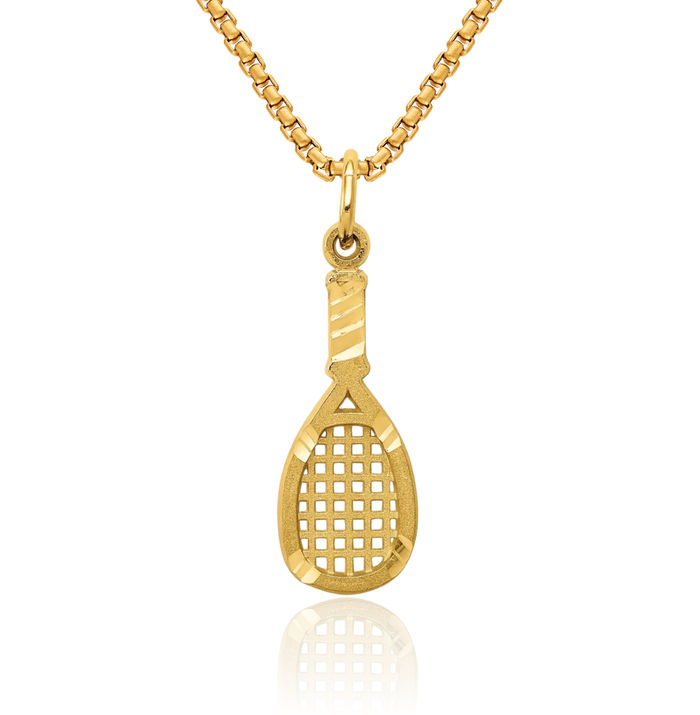 10K Solid Yellow Gold Racquetball Racquet Necklace Tennis Charm Sports Pendant