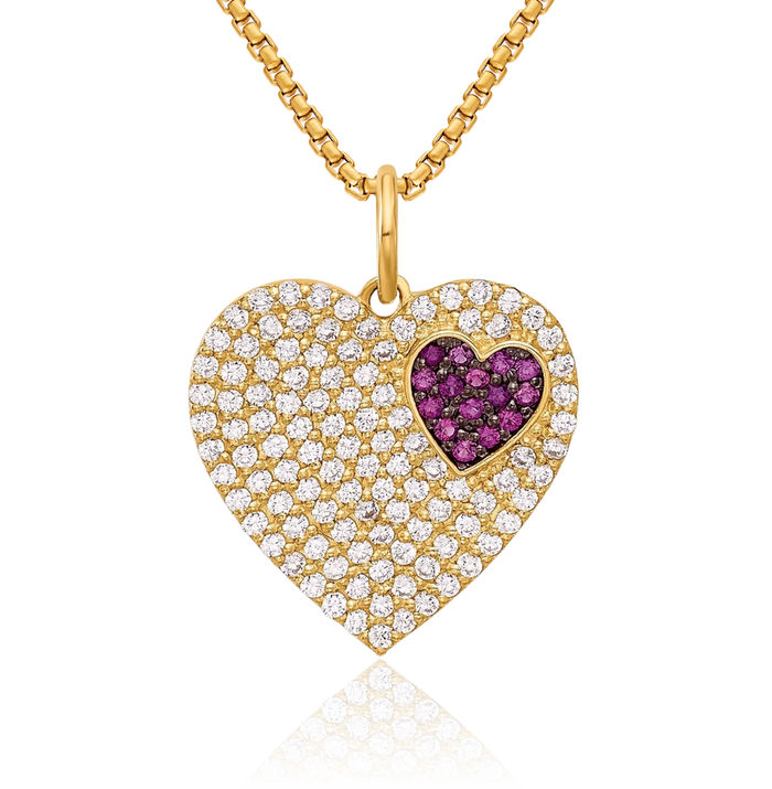 10K Solid Yellow Gold Red Cubic Zirconia CZ Heart Necklace Love Pendant Charm