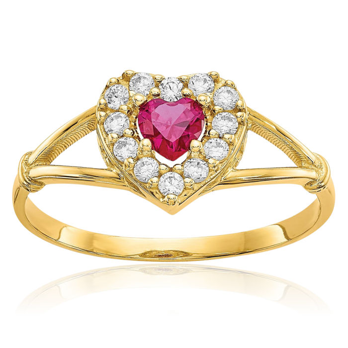 10K Solid Yellow Gold Red White Cubic Zirconia CZ Heart Ring Love Band