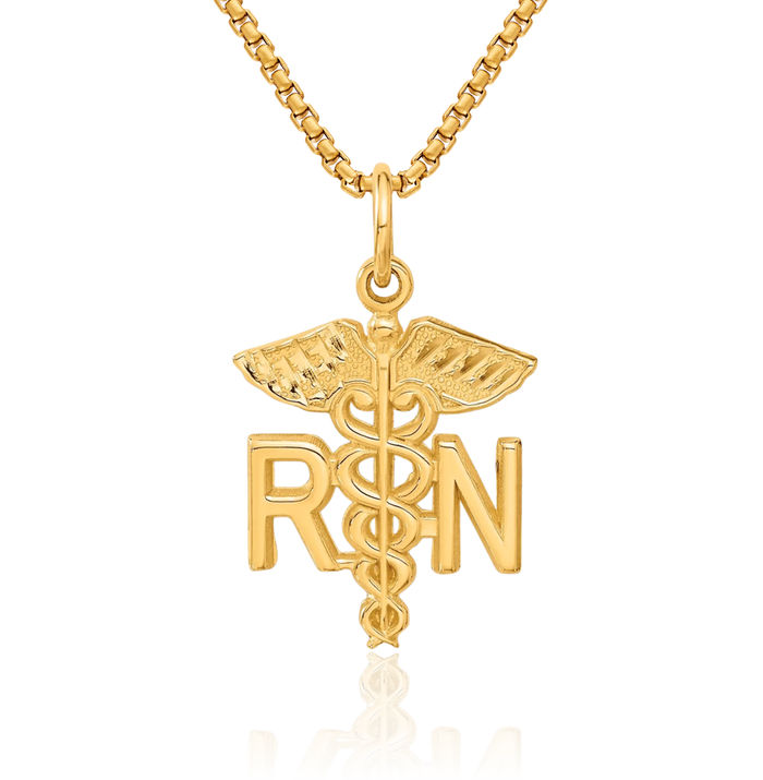 10K Solid Yellow Gold Registered Nurse Caduceus Paramedic Rn Doctor Medical Student Nursing Symbol Necklace Chain Pendant Charm