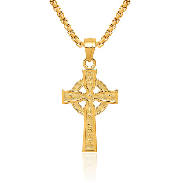 10K Solid Yellow Gold Reversible God Is Love Heart Irish Claddagh Celtic Iona Holy Cross Necklace Religious Chain Pendant Jesus Christ Charm Jewelry