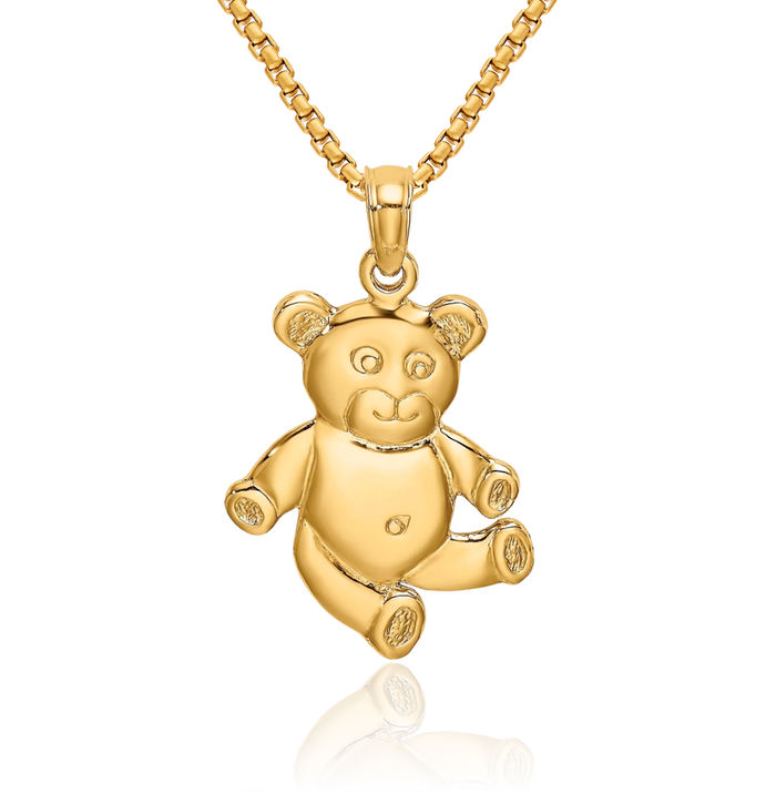 10K Solid Yellow Gold Reversible Gummy Teddy Bear Necklace Chain Pendant Charm