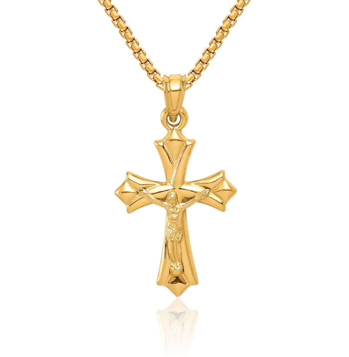 10K Solid Yellow Gold Reversible Lord Jesus Christ Crucifix Holy Cross Necklace Religious Chain Pendant Charm