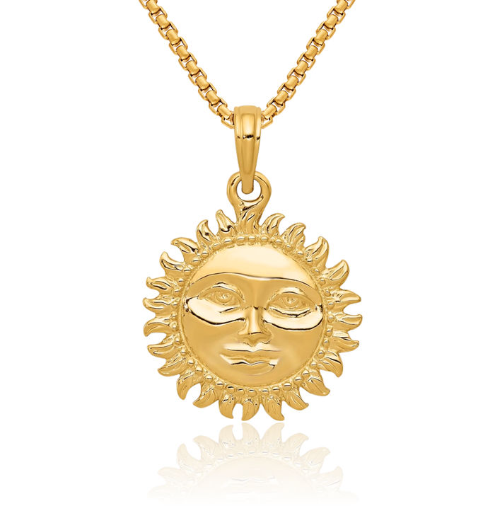 10K Solid Yellow Gold Reversible Sun Necklace Sunshine Pendant Sunburst Charm Celestial Jewelry