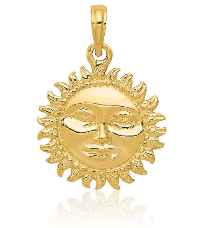 10K Solid Yellow Gold Reversible Sun Necklace Sunshine Pendant Sunburst Charm Celestial Jewelry