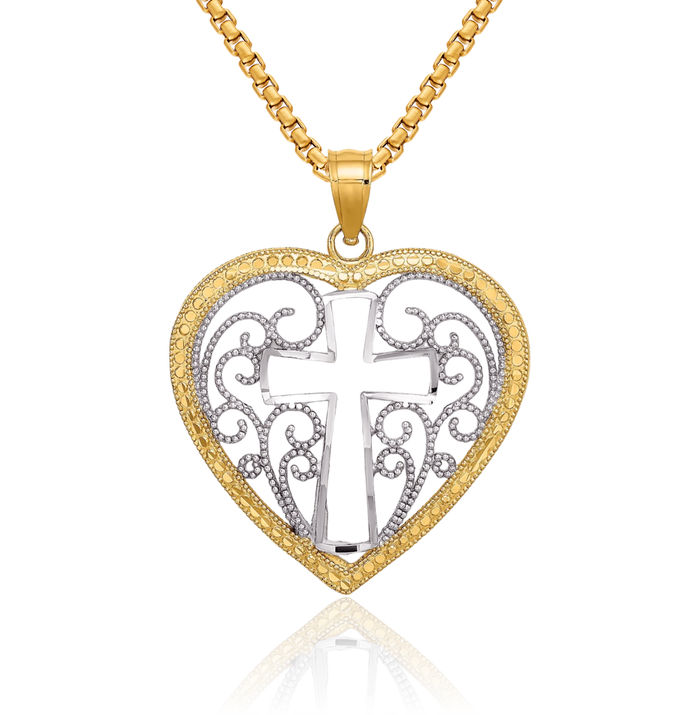 10K Solid Yellow Gold Rhodiumcut Out Beaded Antique Filigree Heart Holy Cross Necklace Religious Chain Pendant Jesus Christ Charm