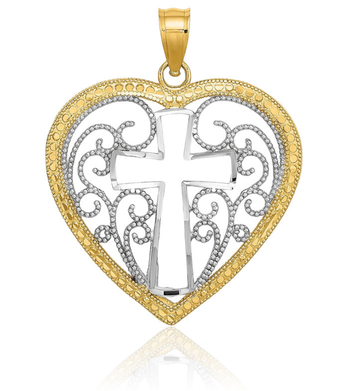 10K Solid Yellow Gold Rhodiumcut Out Beaded Antique Filigree Heart Holy Cross Necklace Religious Chain Pendant Jesus Christ Charm