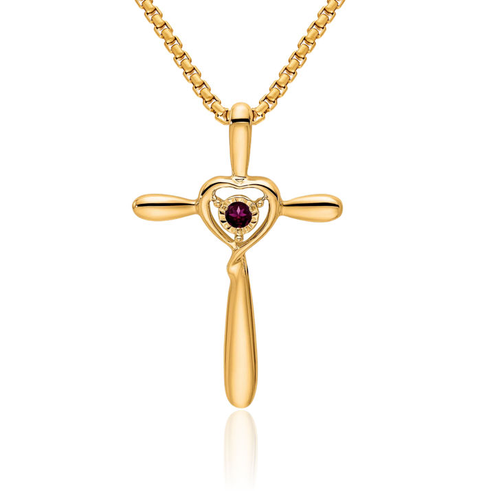 10K Solid Yellow Gold Purple Rhodolite Garnet Holy Cross Heart Floating Chain Slide Gemstone Pendant Necklace Charm June Birthstone Jewelry