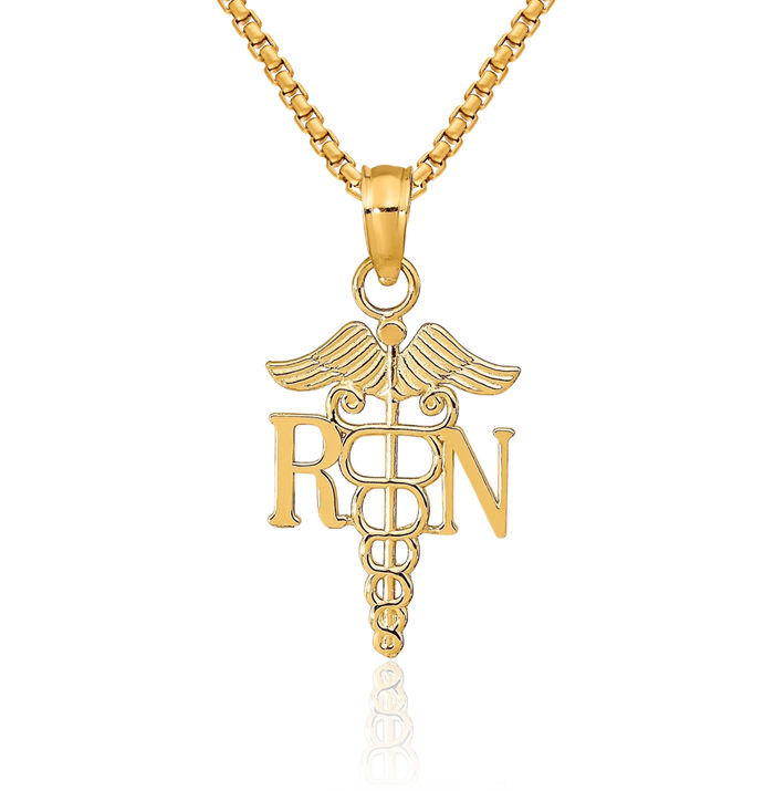 10K Solid Yellow Gold Rn Nurse Caduceus Paramedic Emt Doctor Medical Student Nursing Symbol Necklace Chain Pendant Charm