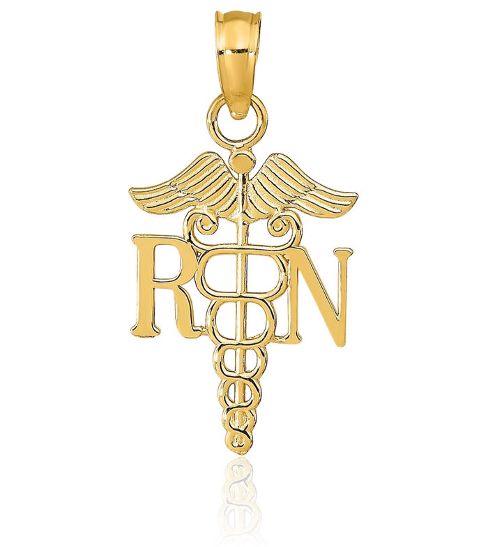 10K Solid Yellow Gold Rn Nurse Caduceus Paramedic Emt Doctor Medical Student Nursing Symbol Necklace Chain Pendant Charm