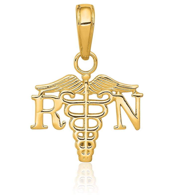 10K Solid Yellow Gold Rn Nurse Caduceus Paramedic Emt Doctor Medical Student Nursing Symbol Necklace Chain Pendant Charm