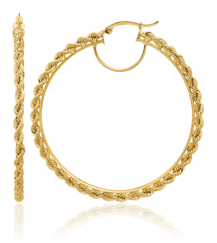 10K Solid Yellow Gold Rope 2.95mm Round Hoop Earrings