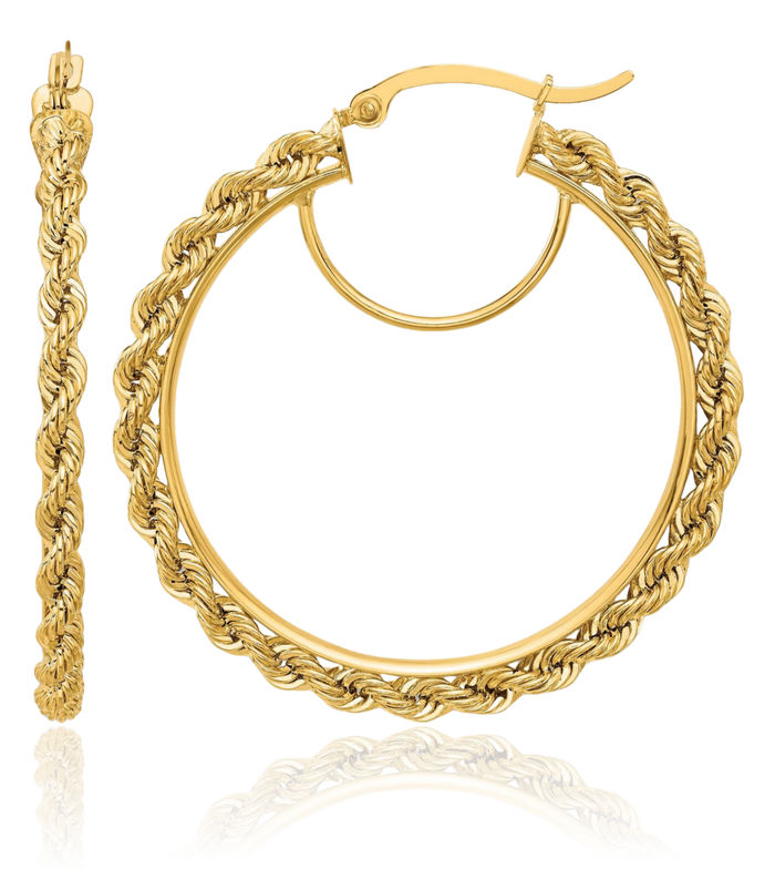 10K Solid Yellow Gold Rope 2.95mm Round Hoop Earrings
