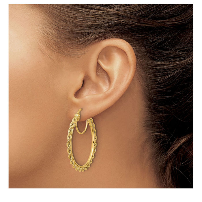 10K Solid Yellow Gold Rope 2.95mm Round Hoop Earrings