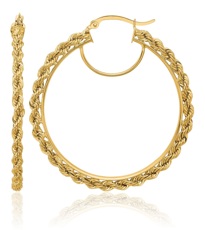 10K Solid Yellow Gold Rope 2.95mm Round Hoop Earrings