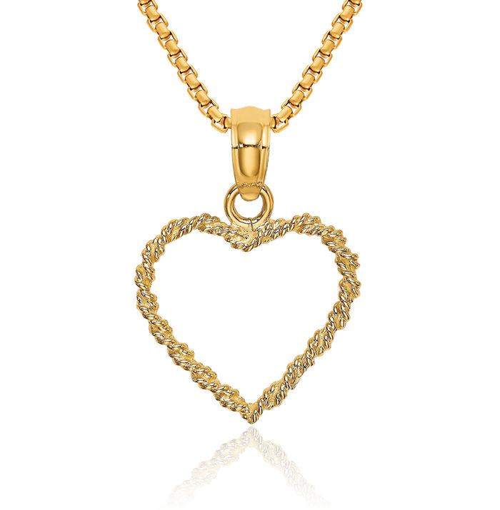 10K Solid Yellow Gold Rope Heart Necklace Love Pendant Charm