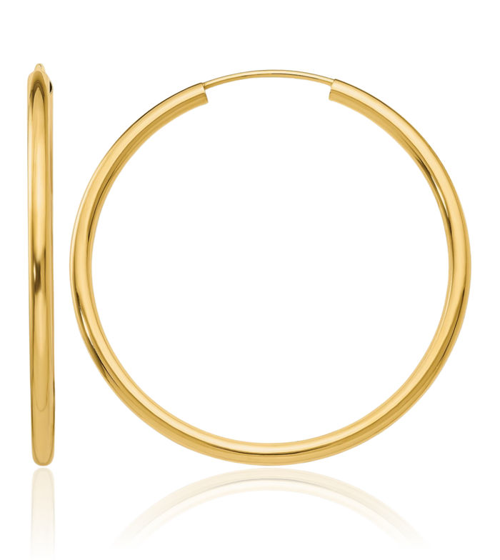 10K Solid Yellow Gold Round Endless 2mm Medium Hoop Earrings