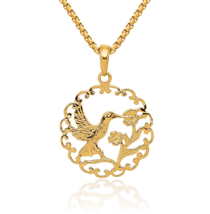 10K Solid Yellow Gold Hummingbird Round Necklace Bird Pendant Charm