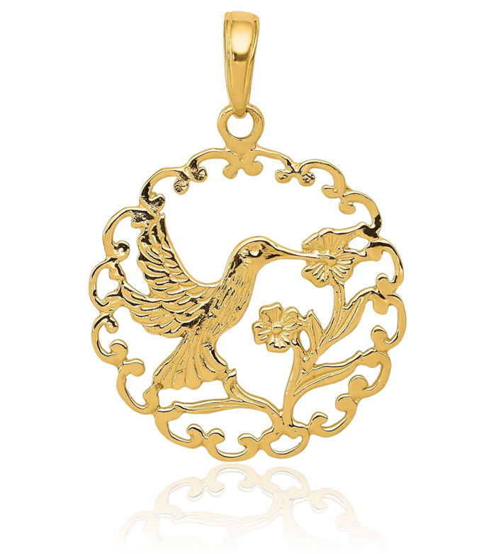 10K Solid Yellow Gold Hummingbird Round Necklace Bird Pendant Charm