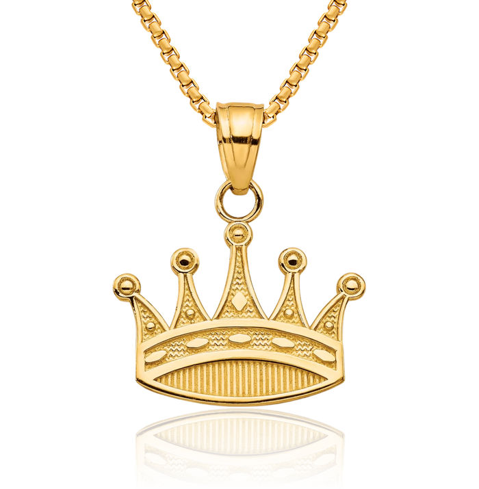 10K Solid Yellow Gold Royal Princess Crown Necklace Chain Pendant Charm