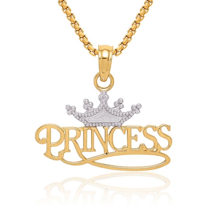 10K Solid Yellow Gold Royal Princess White Crown Necklace Chain Pendant Charm
