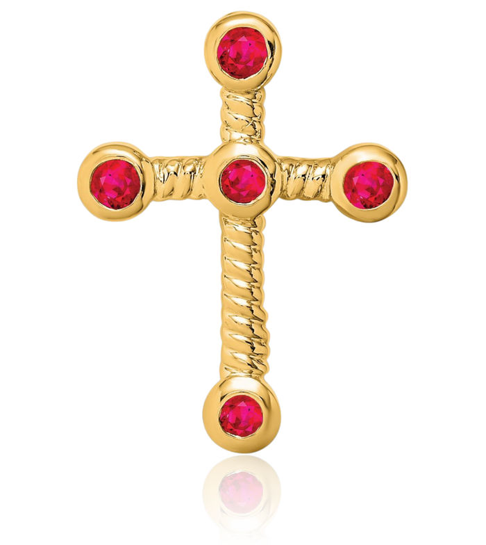 10K Solid Yellow Gold Red Ruby Holy Cross Floating Chain Slide Gemstone Pendant Necklace Charm