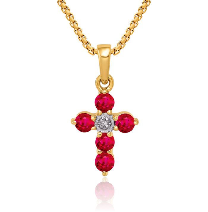 10K Solid Yellow Gold Red Ruby Diamond Holy Cross Necklace Gemstone Pendant Charm April Birthstone Jewelry