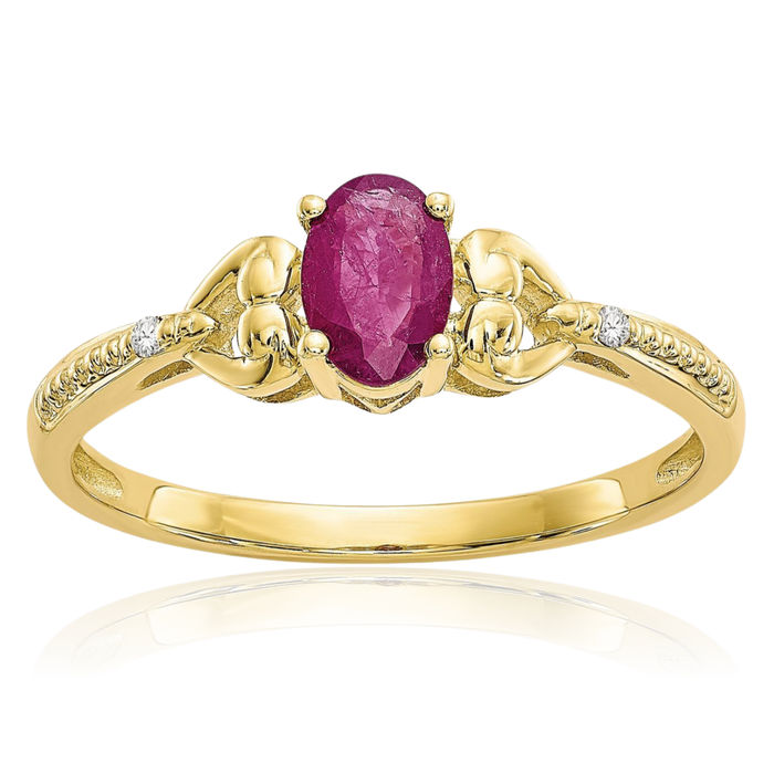 10K Solid Yellow Gold Red Ruby Diamond Ring Gemstone Band July Birthstone Jewelry