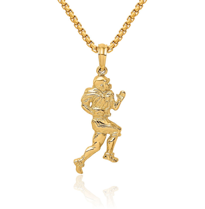 10K Solid Yellow Gold Running Football Player Necklace Charm Sports Pendant